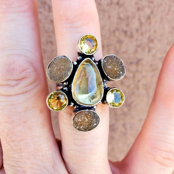 New Golden Rutile, Druzy & Citrine 925 Silver Ring. - Picture 3 of 7